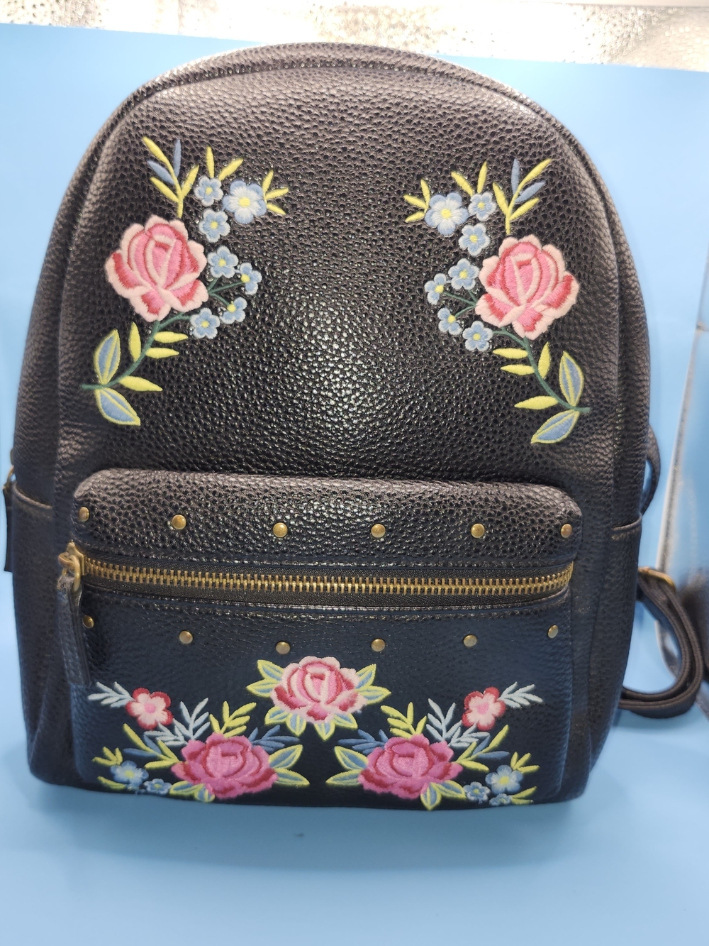 ALDO Dare Blck Faux Leather Med. Bckpck Embroid. Pnk Red Roses Flora/Goth/Biker